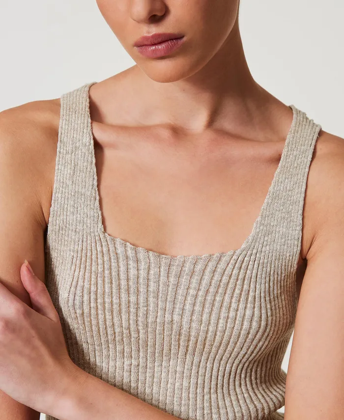 Twinset Linen Blend Knit Top Twotone Snowgold Lurex Women TShirts And Tops Twinset Linen Blend Knit Top Twotone Snowgold Lurex Women TShirts And Tops