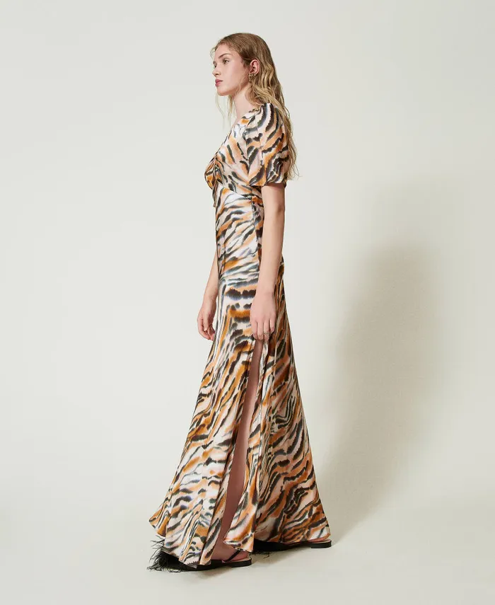 Twinset Long Animal Print Satin Dress Tenn Orange Black Tiger Print Women Dresses