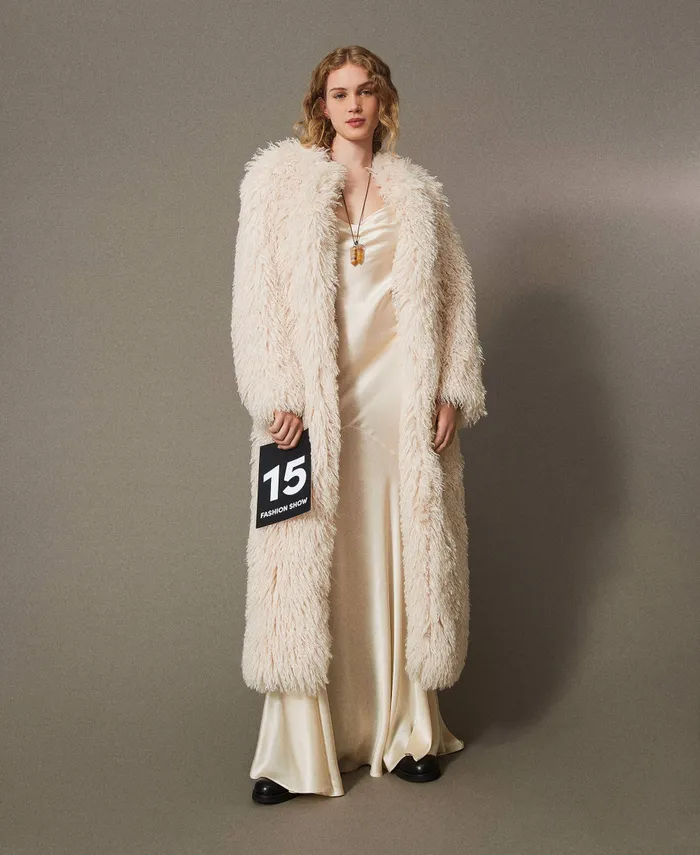 Twinset Long Faux Fur Coat White Cream Women Jackets And Outerwear