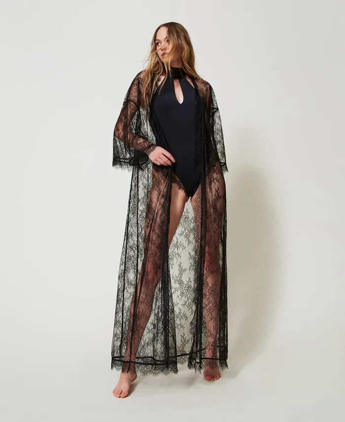 Twinset Long Lace Dressing Gown With Belt Black Women Underwear And Nightwear