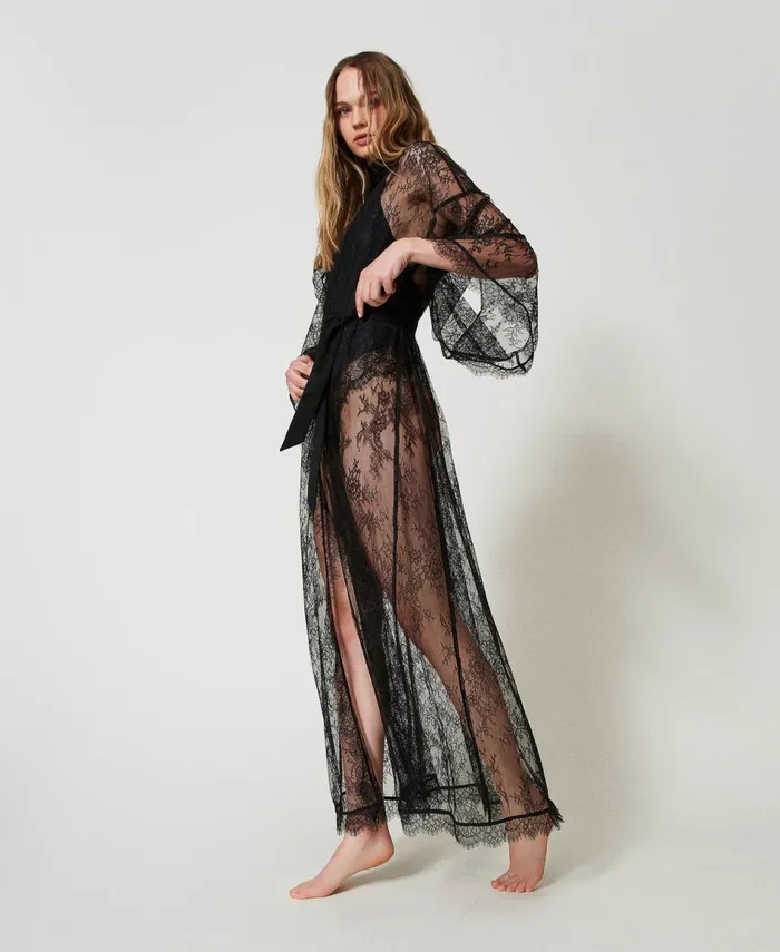 Twinset Long Lace Dressing Gown With Belt Black Women Underwear And Nightwear Twinset Long Lace Dressing Gown With Belt Black Women Underwear And Nightwear