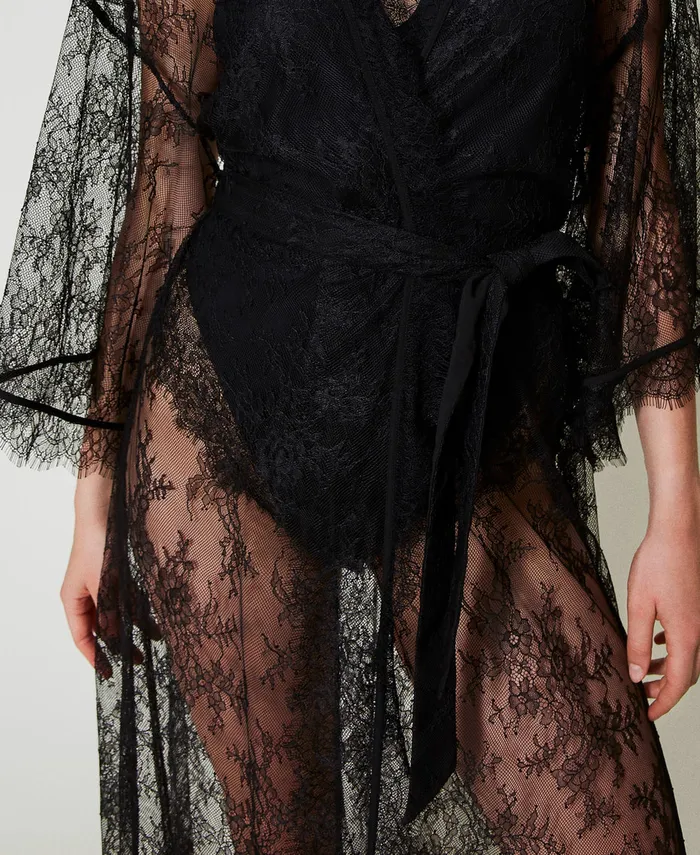 Twinset Long Lace Dressing Gown With Belt Black Women Underwear And Nightwear Twinset Long Lace Dressing Gown With Belt Black Women Underwear And Nightwear
