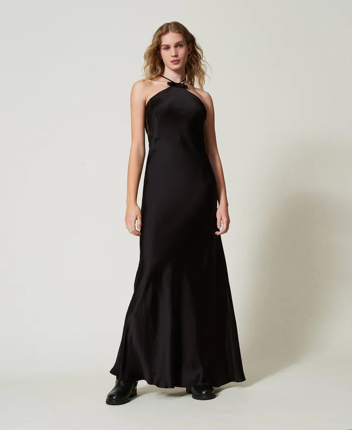 Twinset Long Satin Halter Dress Black Women Dresses