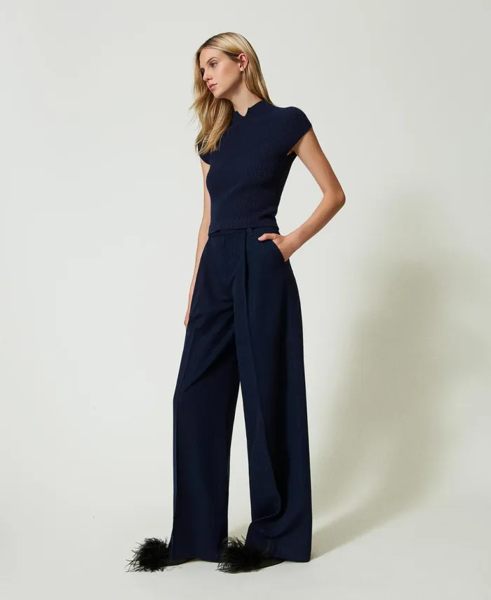 Twinset Lurex Pinstripe Wide Leg Trousers Lurex Pinstripe Indigo Women Trousers Twinset Lurex Pinstripe Wide Leg Trousers Lurex Pinstripe Indigo Women Trousers