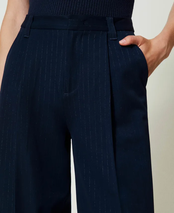 Twinset Lurex Pinstripe Wide Leg Trousers Lurex Pinstripe Indigo Women Trousers Twinset Lurex Pinstripe Wide Leg Trousers Lurex Pinstripe Indigo Women Trousers