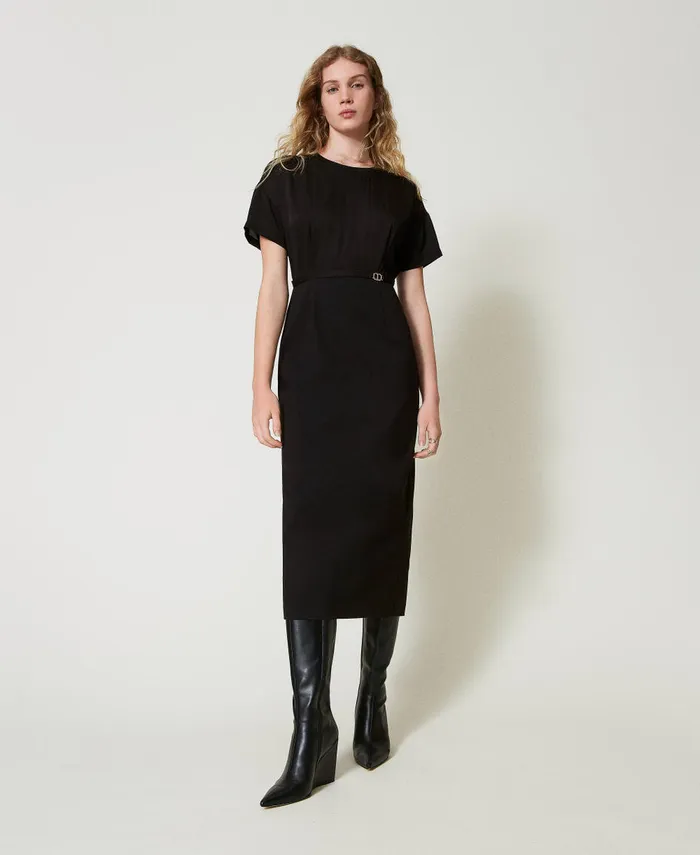 Twinset Midi Dress With Oval T Waist Strap Black Women Dresses