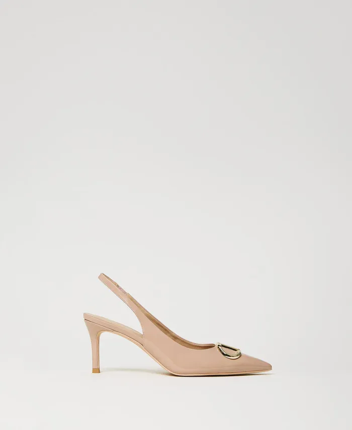 Twinset Patent Leather Sling Back Court Shoes iced Coffee Brown Women Heels