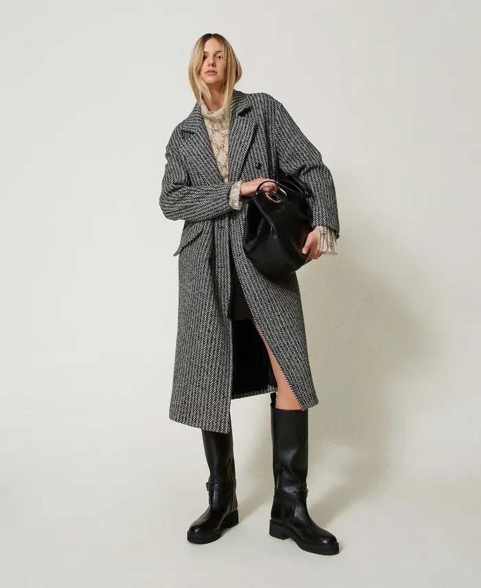 Twinset Pinstripe Wool Blend Coat Salt Pepper Snow Black Stripe Women Jackets And Outerwear Twinset Pinstripe Wool Blend Coat Salt Pepper Snow Black Stripe Women Jackets And Outerwear