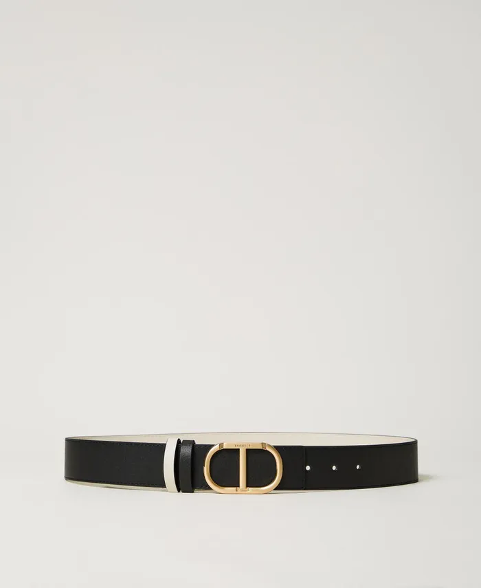 Twinset Reversible Leather Belt With Buckle Bicolour Black Motherofpearl White Women Belts