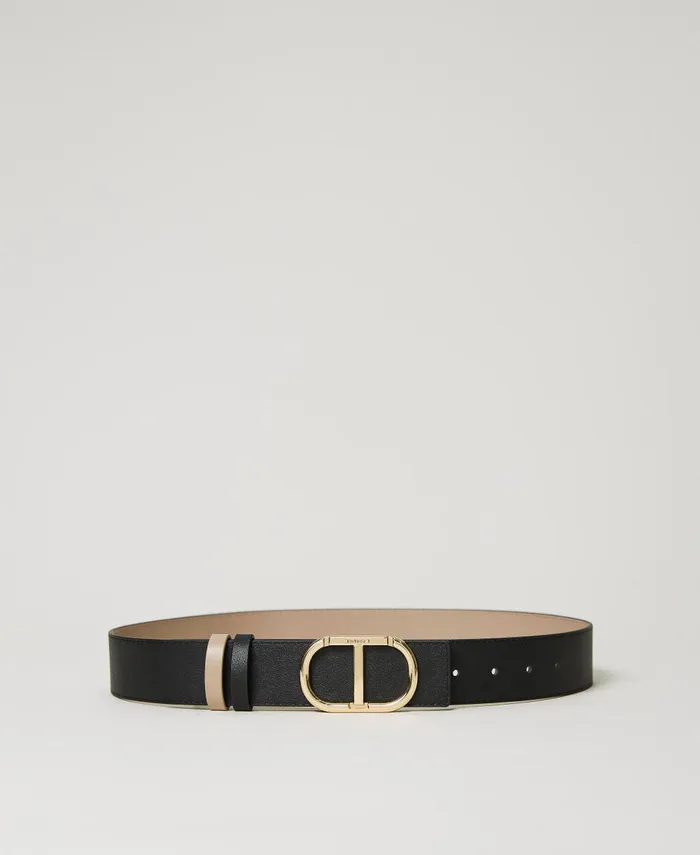 Twinset Reversible Leather Belt With Oval T Twotone Black light Taupe Beige Women Belts