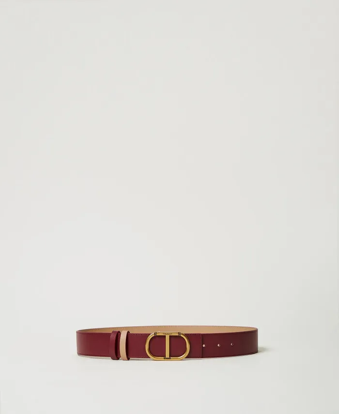 Twinset Reversible Leather Belt With Oval T Twotone Red Plum Sandy Brown Women Belts
