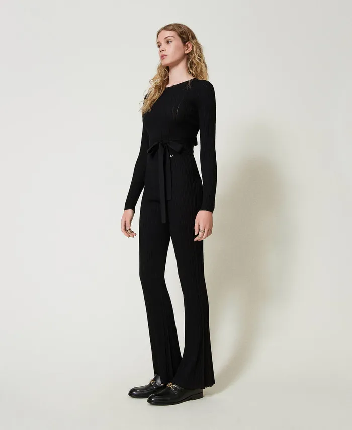 Twinset Ribbed Knit Flared Trousers Black Women Trousers