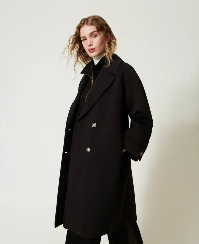 Twinset Scuba Fabric Double Breasted Coat Black Women Jackets And Outerwear