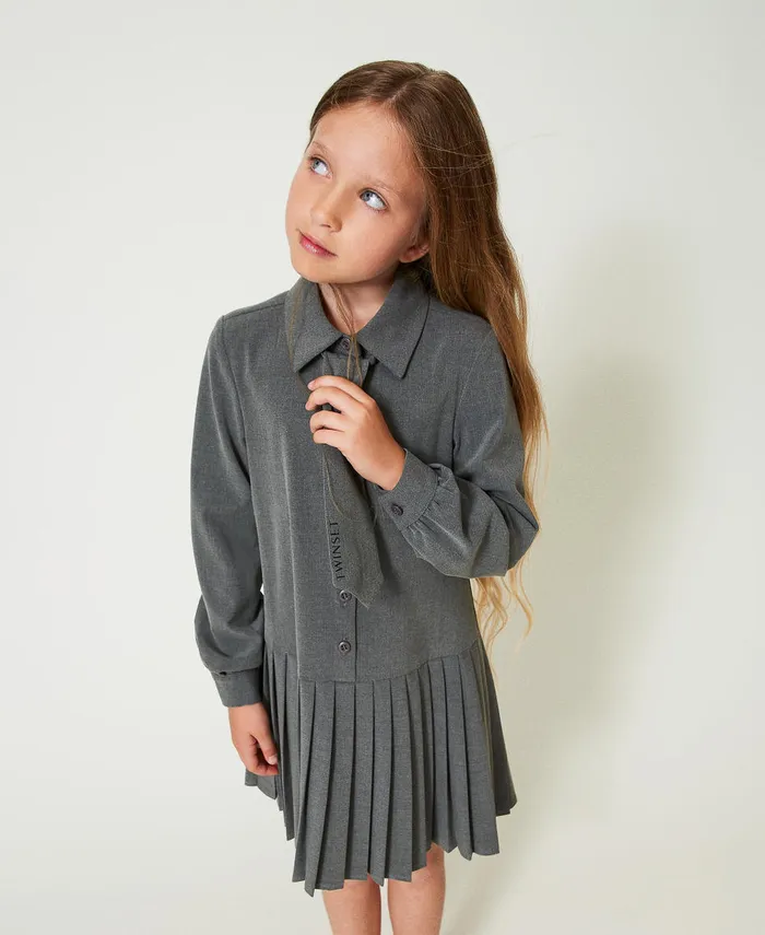 Twinset Short Flannel Dress With Tie Mid Melange Grey Girl Dresses