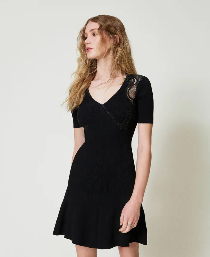 Twinset Short Knit Dress With Lace Black Women Dresses
