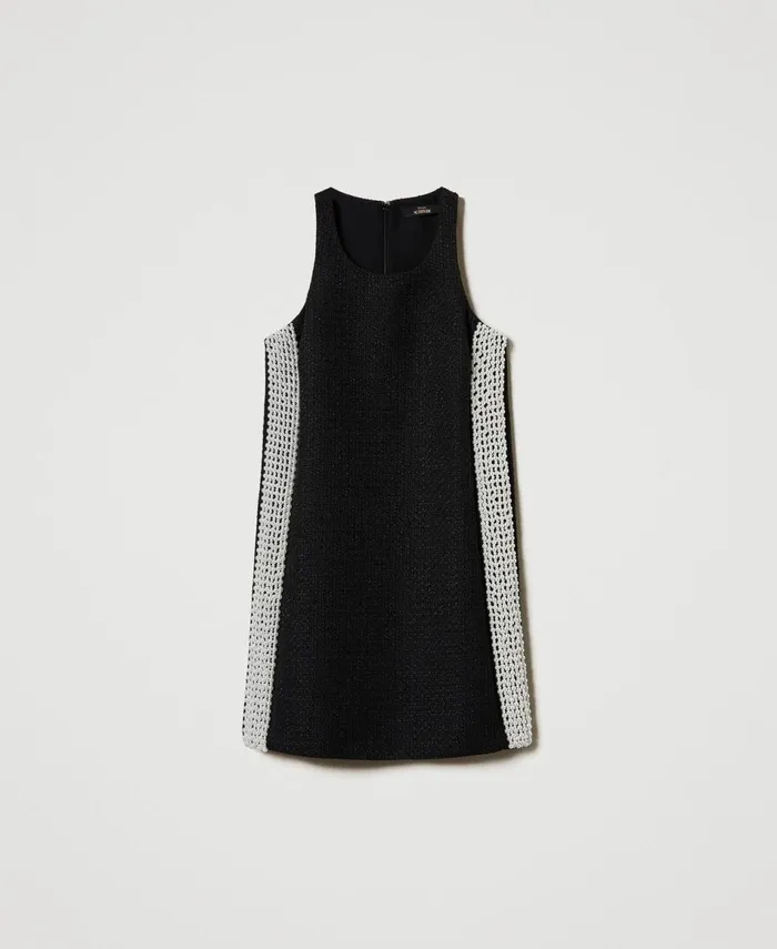 Twinset Short MatEffect Texture Dress With Pearls Black Women Dresses Twinset Short MatEffect Texture Dress With Pearls Black Women Dresses