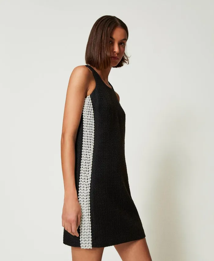 Twinset Short MatEffect Texture Dress With Pearls Black Women Dresses Twinset Short MatEffect Texture Dress With Pearls Black Women Dresses