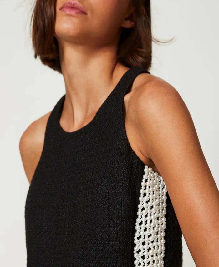 Twinset Short MatEffect Texture Dress With Pearls Black Women Dresses Twinset Short MatEffect Texture Dress With Pearls Black Women Dresses