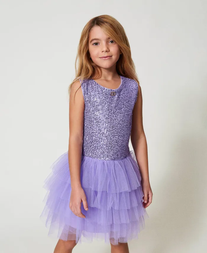 Twinset Short Sequin And Tulle Dress Pastel Violet Girl Dresses