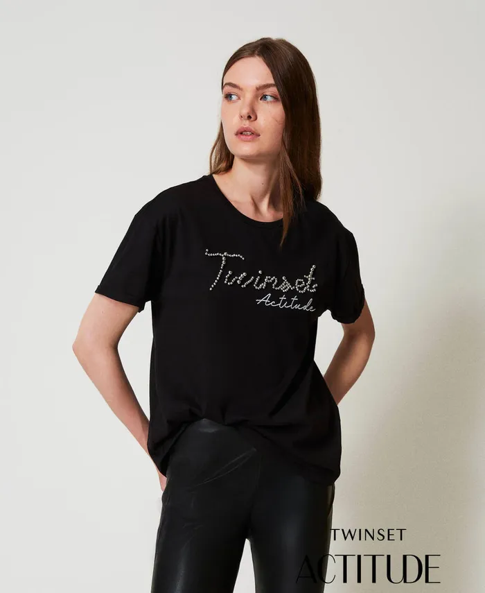 Twinset TShirt With Lurex Logo Black Women TShirts And Tops