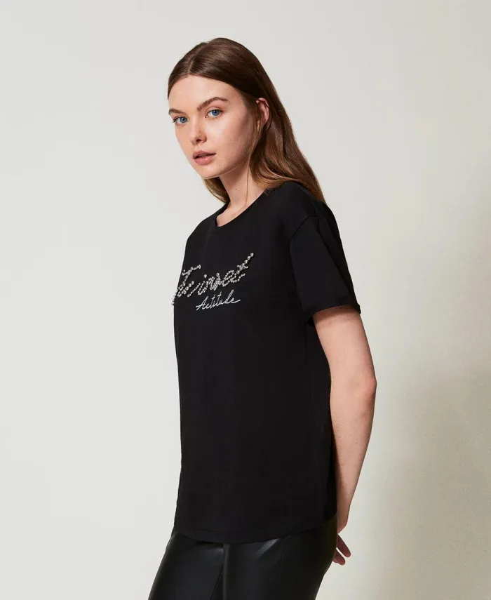 Twinset TShirt With Lurex Logo Black Women TShirts And Tops Twinset TShirt With Lurex Logo Black Women TShirts And Tops