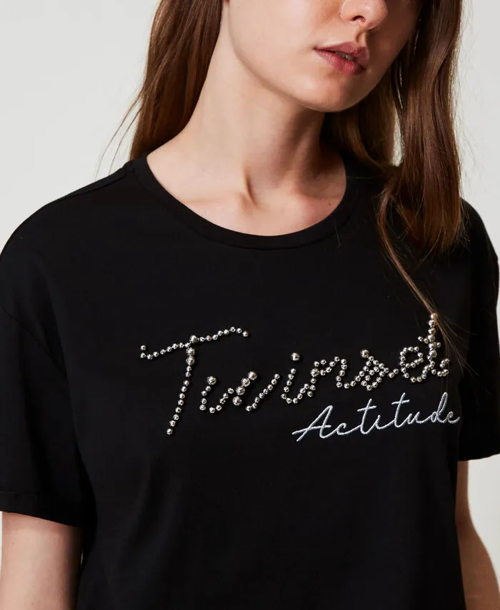Twinset TShirt With Lurex Logo Black Women TShirts And Tops Twinset TShirt With Lurex Logo Black Women TShirts And Tops