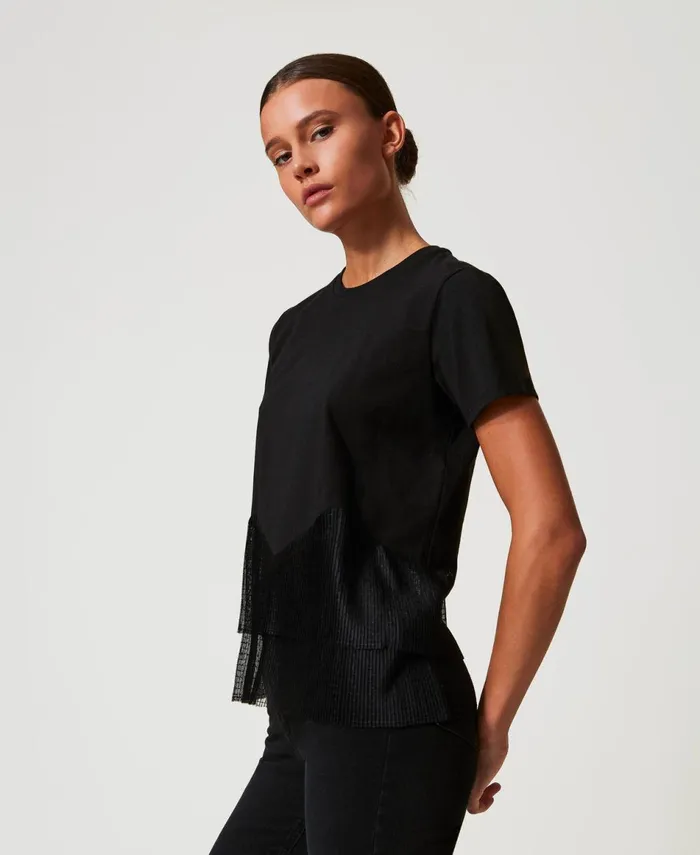 Twinset TShirt With Tulle Flounces Black Women TShirts And Tops Twinset TShirt With Tulle Flounces Black Women TShirts And Tops