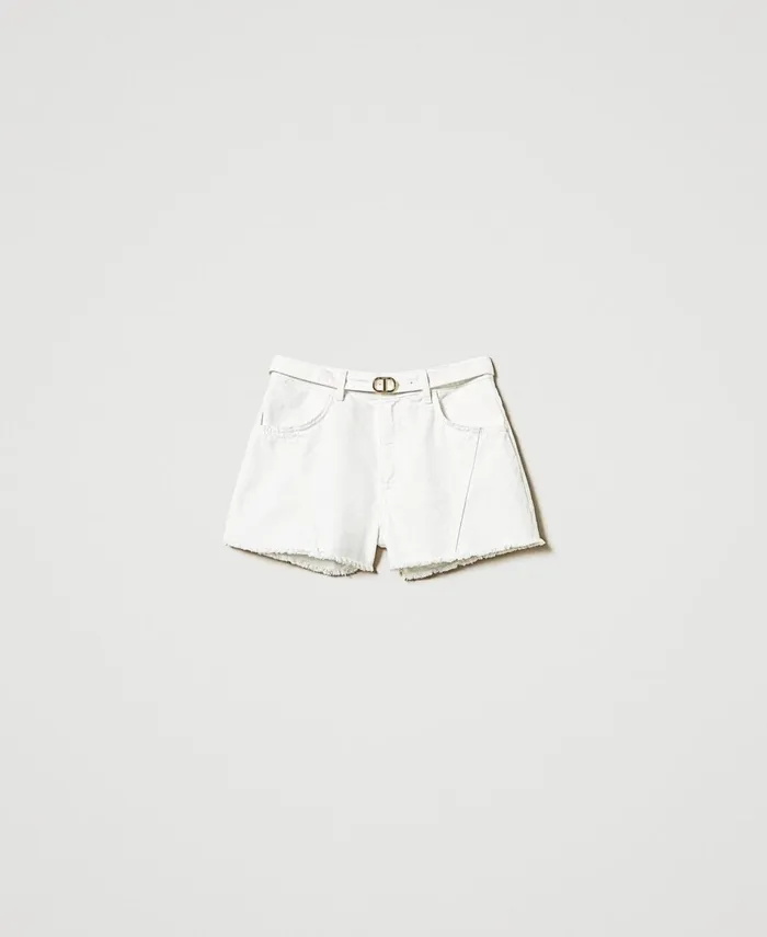 Twinset White Bull Denim Shorts With Oval T Belt White Snow Women Trousers Twinset White Bull Denim Shorts With Oval T Belt White Snow Women Trousers