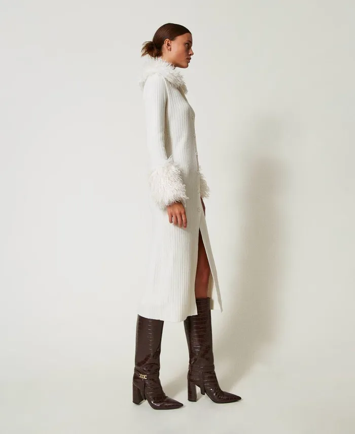 Twinset Wool Blend And Faux Fur Long CardiDress White Snow Women Dresses Twinset Wool Blend And Faux Fur Long CardiDress White Snow Women Dresses