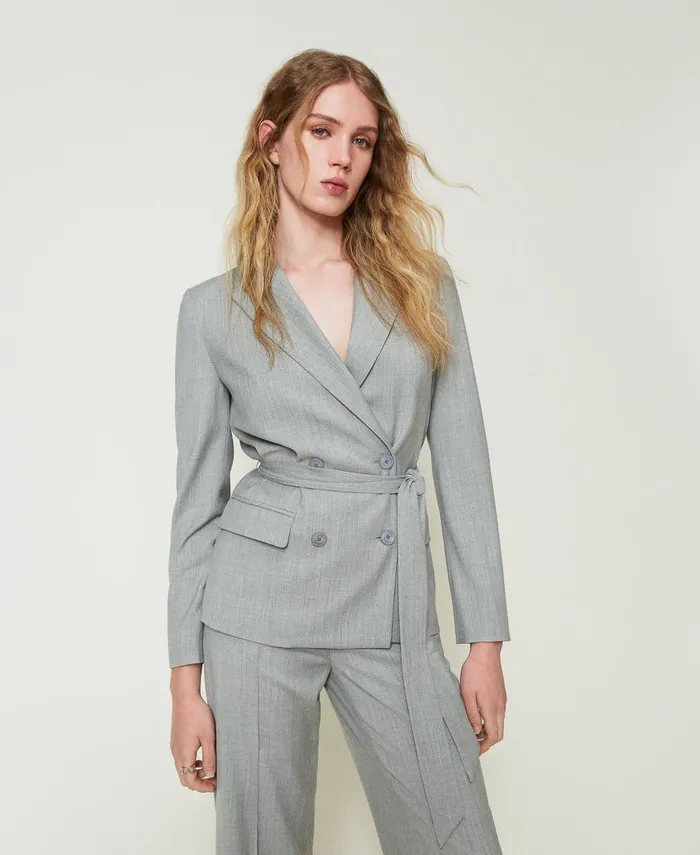 Twinset Wool Blend Blazer With Belt Medium Gray Mlange Women Jackets And Outerwear