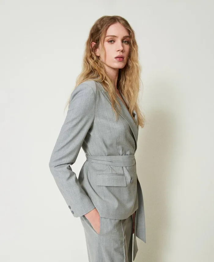 Twinset Wool Blend Blazer With Belt Medium Gray Mlange Women Jackets And Outerwear Twinset Wool Blend Blazer With Belt Medium Gray Mlange Women Jackets And Outerwear