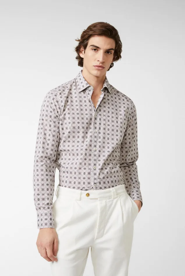Van Laack Casual Shirts Men Shirt In Dark Cotton Poplin With A Medallion Print Beige