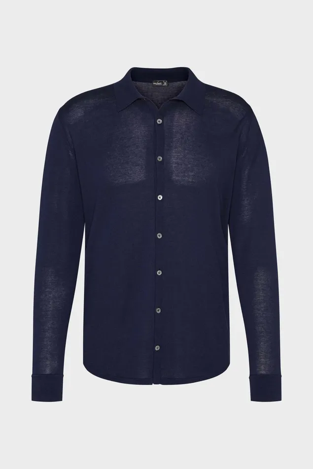 Van Laack Easy Iron Shirts Men Knitted Cotton Shirt Dark Blue