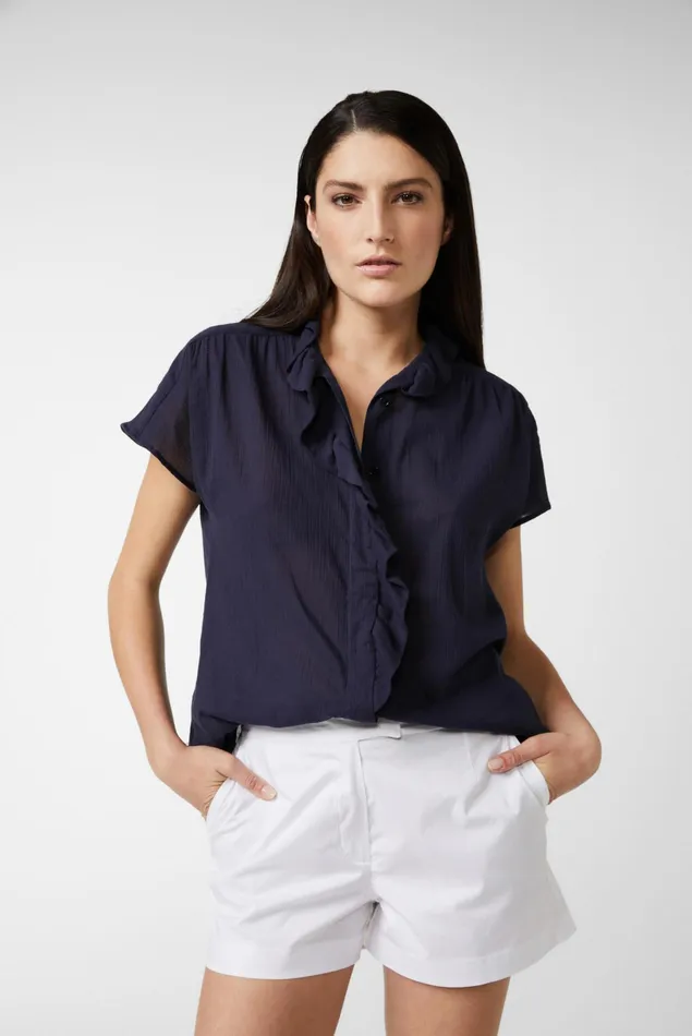 Van Laack Festive Blouses Women Cotton Blouse With Ruffle Neckline Blue