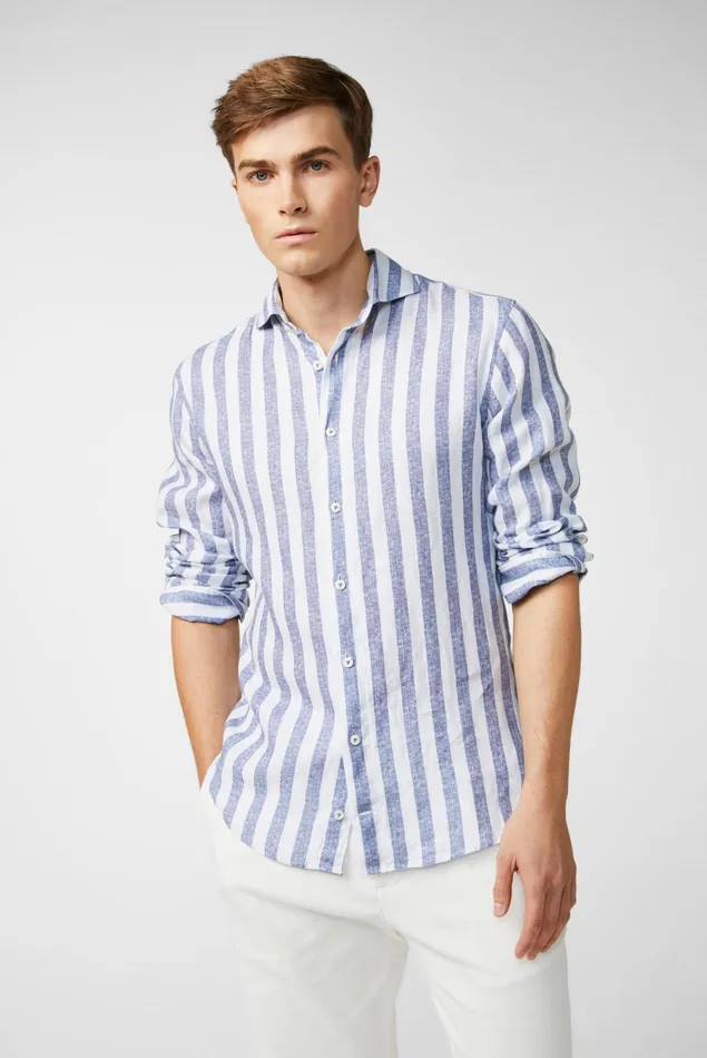 Van Laack Linen Shirts Men Linen Shirt With Twotone Stripe Print And Wide Collar Blue