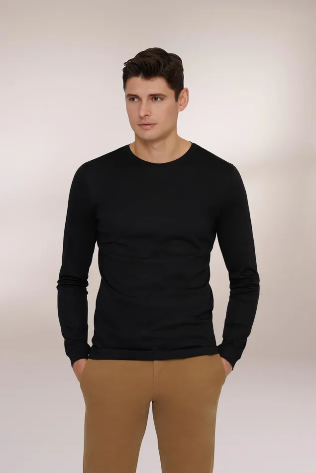 Van Laack TShirts Men Longsleeve Swiss Cotton Jersey Crew Neck TShirt Black