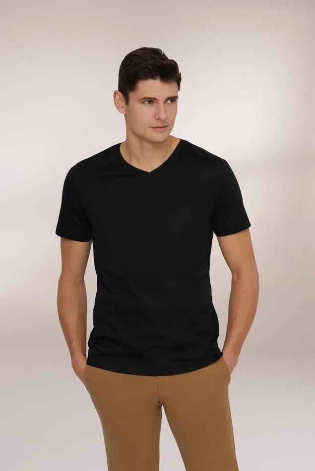 Van Laack TShirts Men Swiss Cotton Jersey VNeck TShirt Black