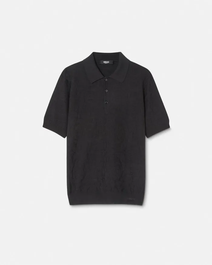 Versace Knitwear Barocco Knit Polo Shirt Black 8211 Men
