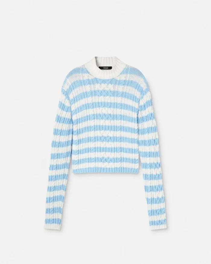 Versace Knitwear CableKnit Nautical Stripe Sweater Light Blue 8211 Men