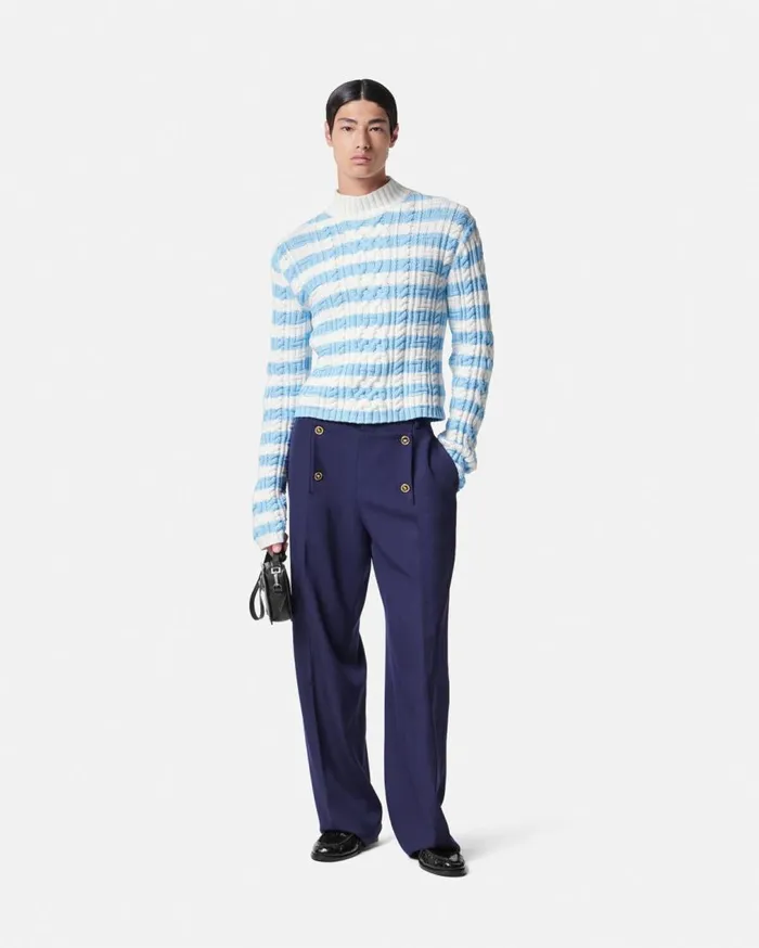 Versace Knitwear CableKnit Nautical Stripe Sweater Light Blue 8211 Men Versace Knitwear CableKnit Nautical Stripe Sweater Light Blue 8211 Men