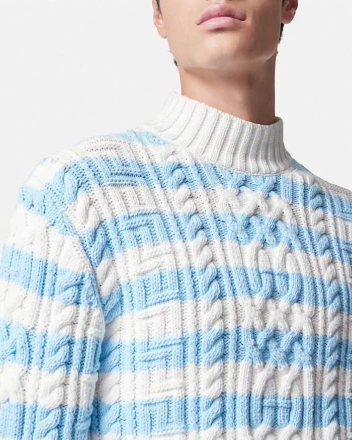 Versace Knitwear CableKnit Nautical Stripe Sweater Light Blue 8211 Men Versace Knitwear CableKnit Nautical Stripe Sweater Light Blue 8211 Men
