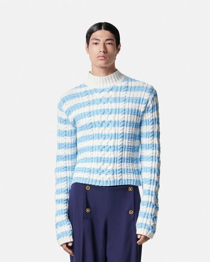 Versace Knitwear CableKnit Nautical Stripe Sweater Light Blue 8211 Men Versace Knitwear CableKnit Nautical Stripe Sweater Light Blue 8211 Men