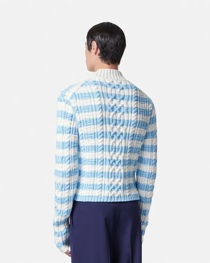 Versace Knitwear CableKnit Nautical Stripe Sweater Light Blue 8211 Men Versace Knitwear CableKnit Nautical Stripe Sweater Light Blue 8211 Men