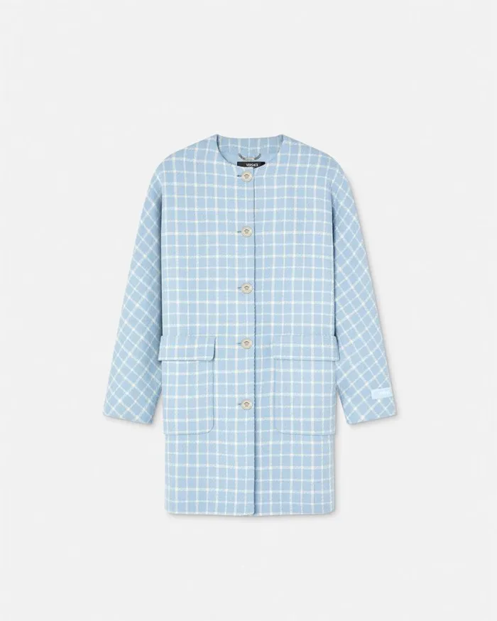 Versace Outerwear and Coats Contrasto Tweed Round Collar Coat Whiteblue 8211 Women