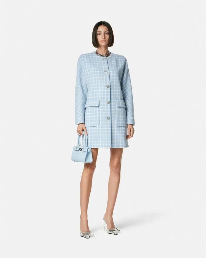 Versace Outerwear and Coats Contrasto Tweed Round Collar Coat Whiteblue 8211 Women Versace Outerwear and Coats Contrasto Tweed Round Collar Coat Whiteblue 8211 Women