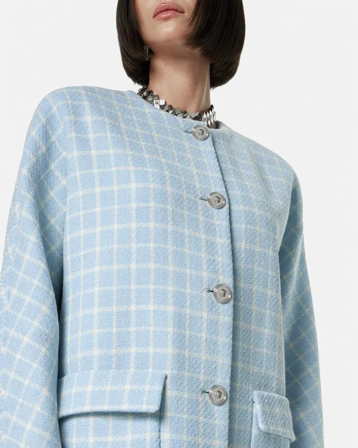 Versace Outerwear and Coats Contrasto Tweed Round Collar Coat Whiteblue 8211 Women Versace Outerwear and Coats Contrasto Tweed Round Collar Coat Whiteblue 8211 Women