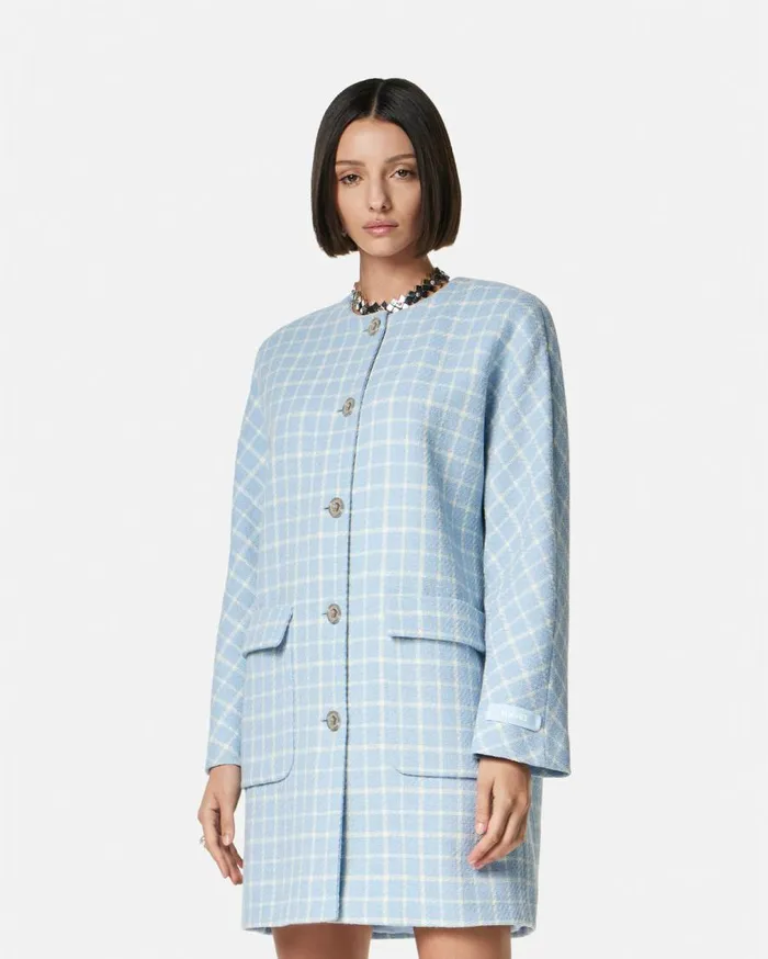 Versace Outerwear and Coats Contrasto Tweed Round Collar Coat Whiteblue 8211 Women Versace Outerwear and Coats Contrasto Tweed Round Collar Coat Whiteblue 8211 Women