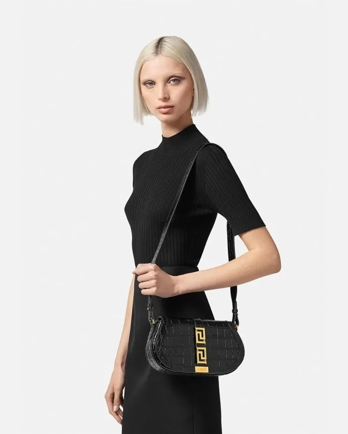 Versace Shoulder and Crossbody CrocEffect Greca Goddess Shoulder Bag Blackgold 8211 Women Versace Shoulder and Crossbody CrocEffect Greca Goddess Shoulder Bag Blackgold 8211 Women