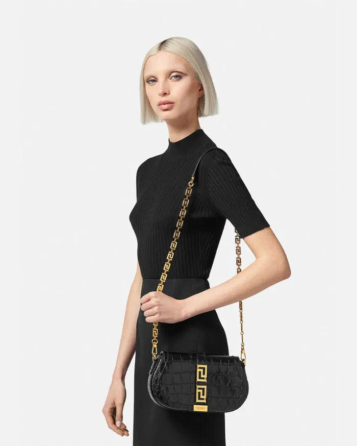Versace Shoulder and Crossbody CrocEffect Greca Goddess Shoulder Bag Blackgold 8211 Women Versace Shoulder and Crossbody CrocEffect Greca Goddess Shoulder Bag Blackgold 8211 Women