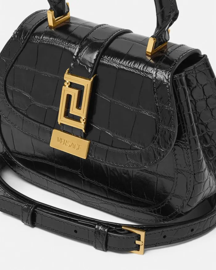 Versace Top Handle CrocEffect Greca Goddess Mini Bag Blackgold 8211 Women Versace Top Handle CrocEffect Greca Goddess Mini Bag Blackgold 8211 Women